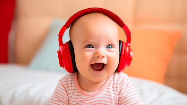 Baby laughs in headphones Generative AI Happy