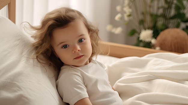 Baby Laying on Bed Next to Plant Baby Items