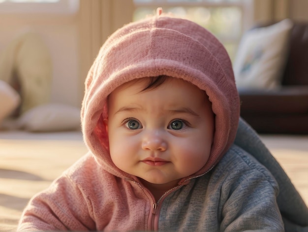 a baby laying on the floor wearing a pink hoodie and a pink hat