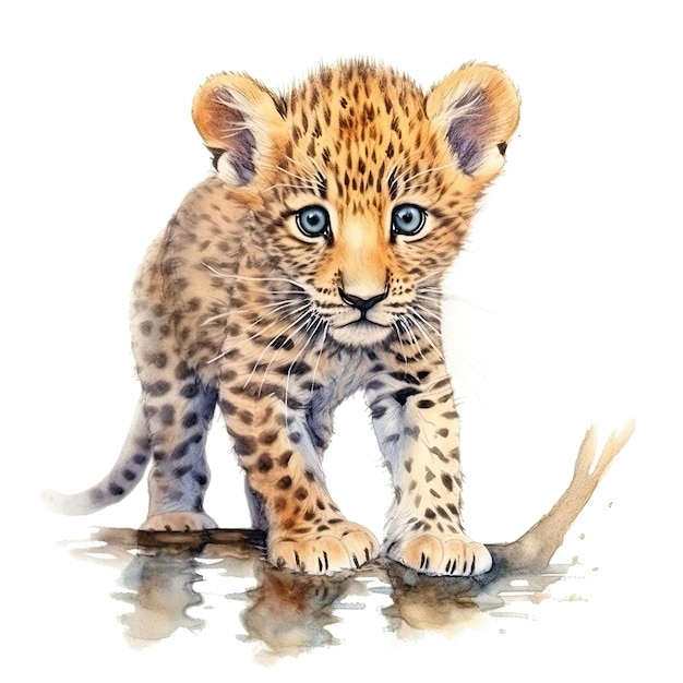 Baby Leopard aquarel met inkt omtrek op witte achtergrond hoog gedetailleerde generatieve AI