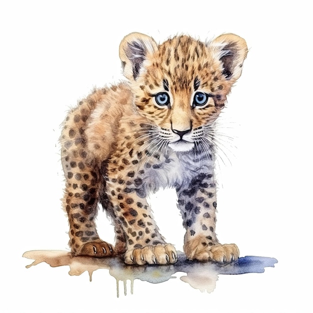 Baby Leopard aquarel met inkt omtrek op witte achtergrond hoog gedetailleerde generatieve AI