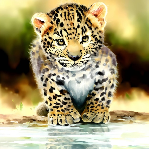 Baby leopard reflectie waterverf stijl