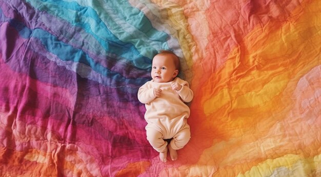 Photo a baby lies on a rainbow blanket.