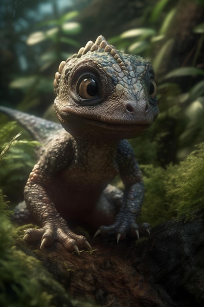 Photo baby little rex dinosaur in a forest