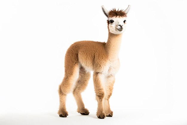 a baby llama standing on a white surface