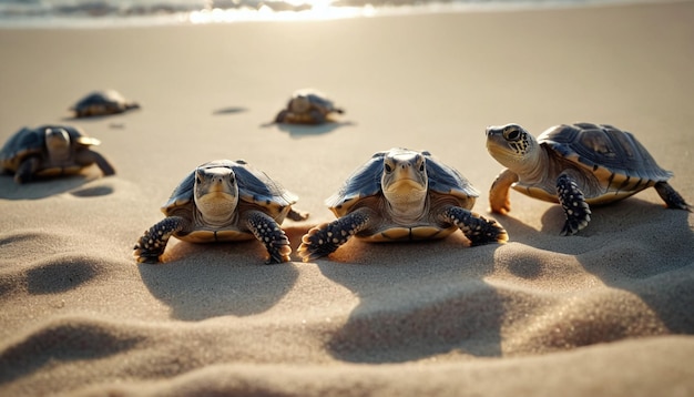 Foto piccole tartarughe che prendono il sole sulla spiaggia