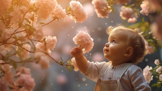 A baby looks up at a flower.