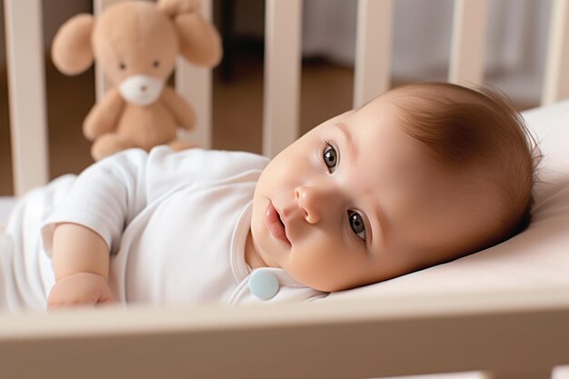 A baby lying on the side of the crib