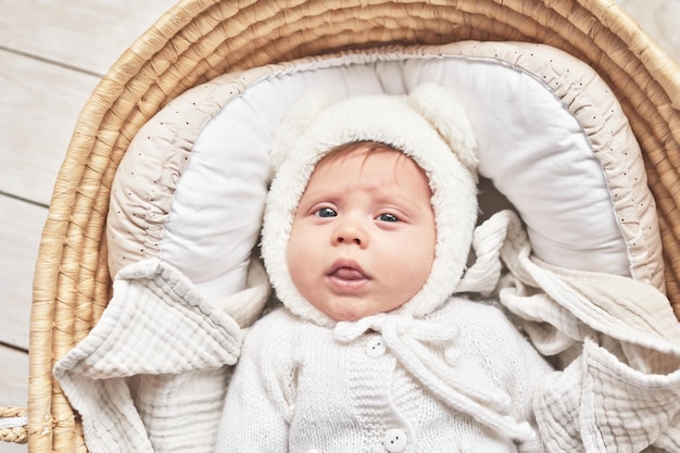 籐のゆりかごに横たわる赤ちゃん 幸せな母と父の日 子供と親