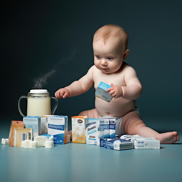 Baby making a line of formula milk powder with