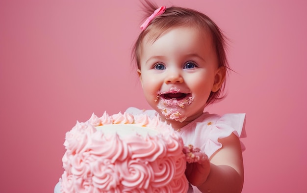 Foto baby meisje met verjaardagstaart met dessert op een vaste achtergrond met copyspace voor tekst