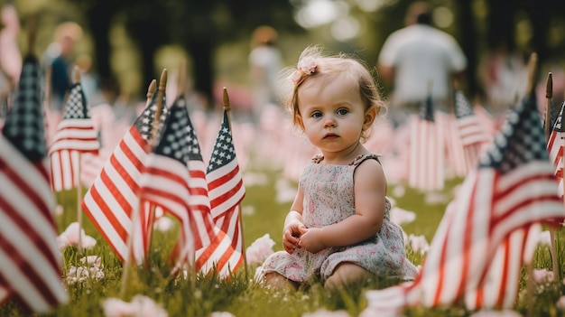 Baby meisje tijdens memorial day met amerikaanse vlaggen