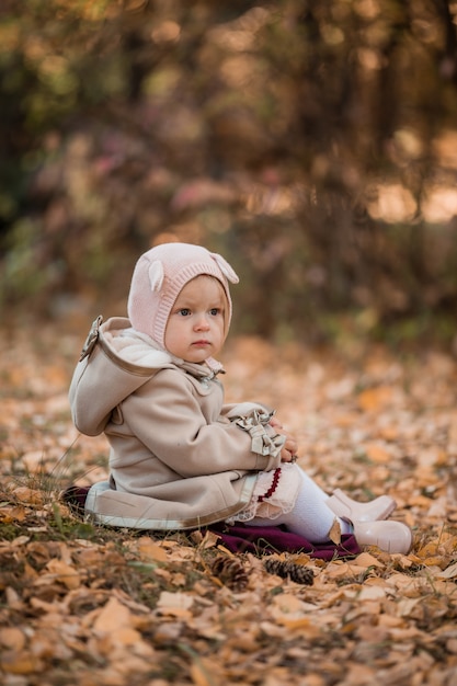 Baby meisje zit in de herfst bladeren