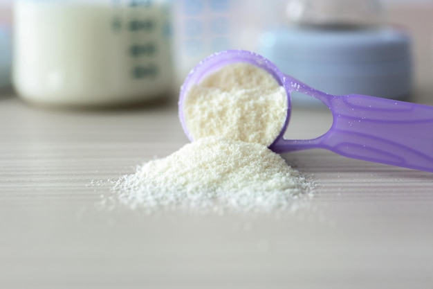 Baby milk formula in purple spoon on wooden background