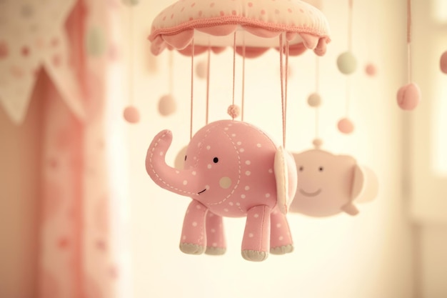 A baby mobile with a pink elephant hanging from it.
