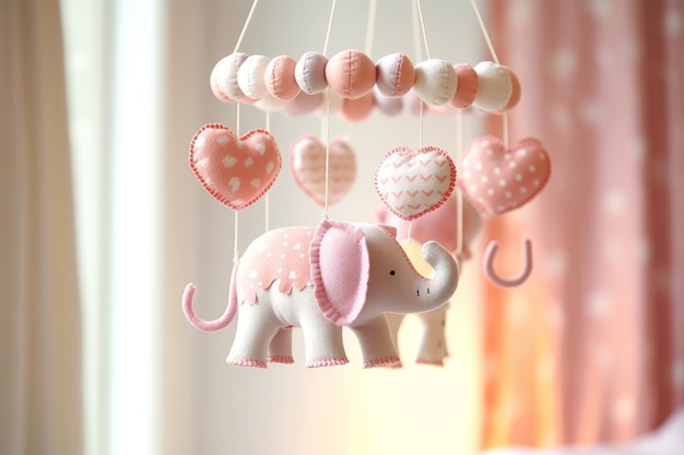 A baby mobile with a pink elephant on it.