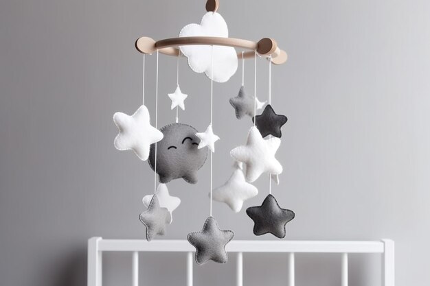 Photo a baby mobile with stars and a whale on it.