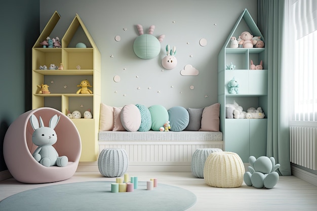 Baby modern childrens room in pastel tones with toys created with generative ai