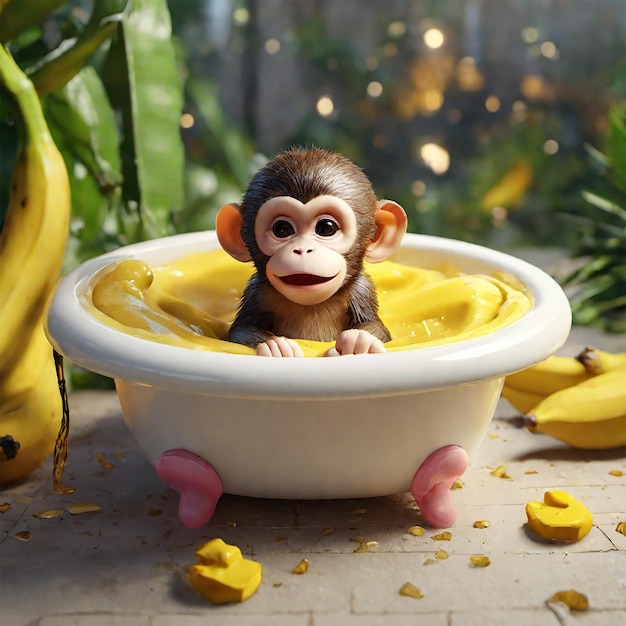 baby monkey is soaking in a banana cream