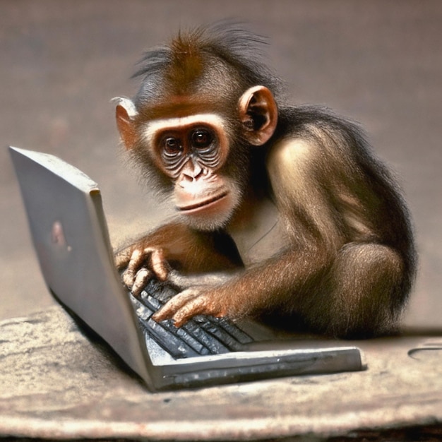 Baby monkey typing on laptop