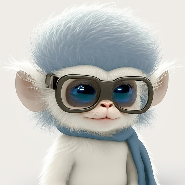 Baby monkey with big eyes and glasses on white background AI generated