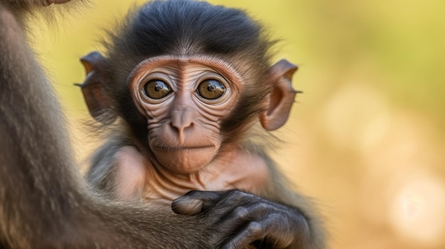 A baby monkey with big eyes sits on a tree branch.