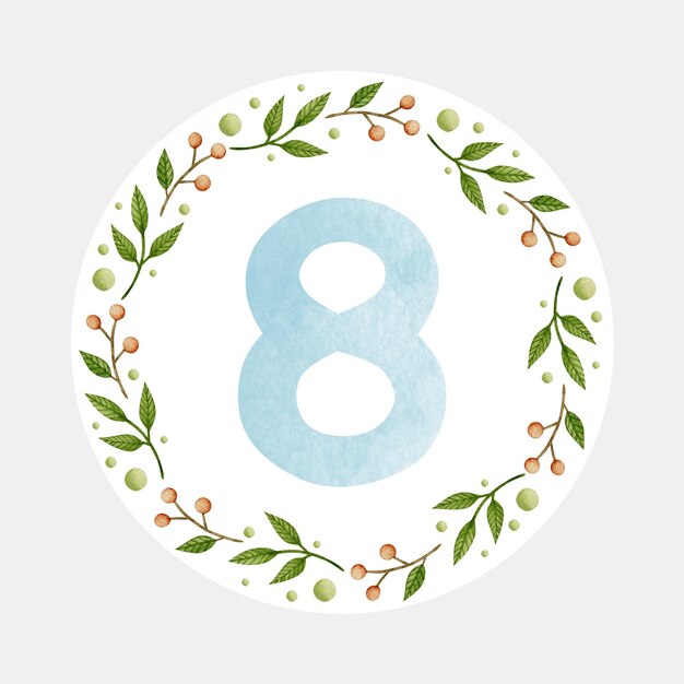 Baby monthly milestone blue number 8 watercolor illustration