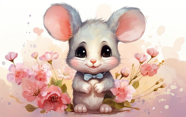 Baby Mouse Holding Flower in Watercolor Style Generative Ai