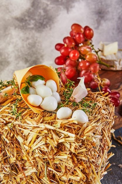 Baby mozzarella cheese on a hay with garlic and grapes on a gray-blue background