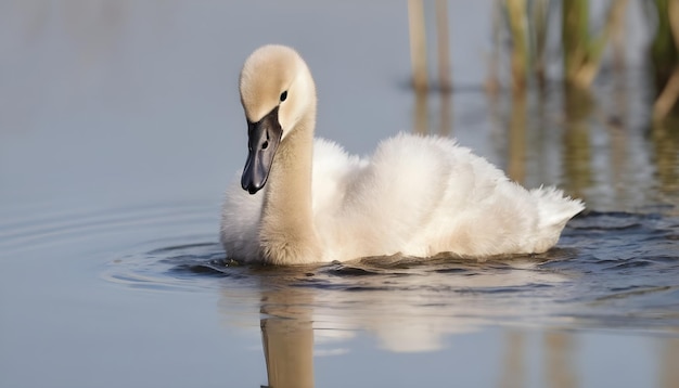 Baby mute swan cygnus olor walking out of the waterlake