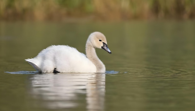 아기 무성 백조 (Cygnus olor) 가 호수 밖으로 나가고 있다