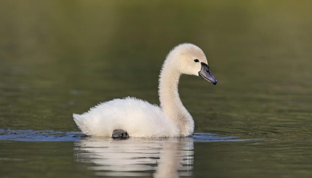 赤ちゃんのミュート・スワン・サイグヌス・オロールが湖から歩いて出てくる