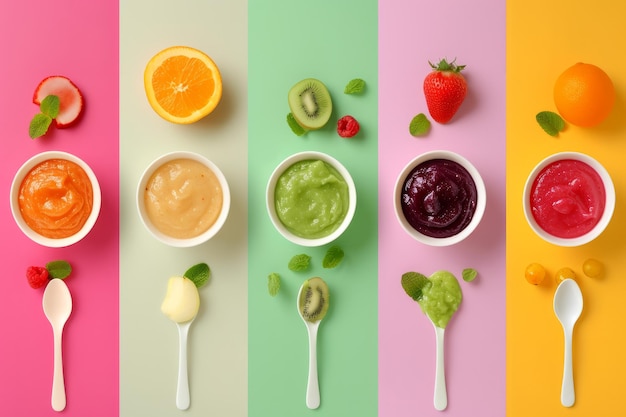 Foto baby natural food collage van gezond babyvoedsel op kleur achtergrond baby puree met groenten en fr