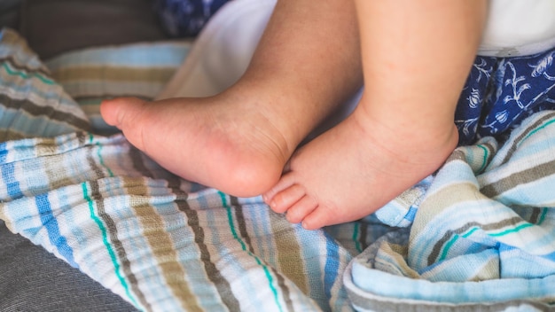 Концепция младенца и новорожденного Крупным планом ноги новорожденного на детском одеяле