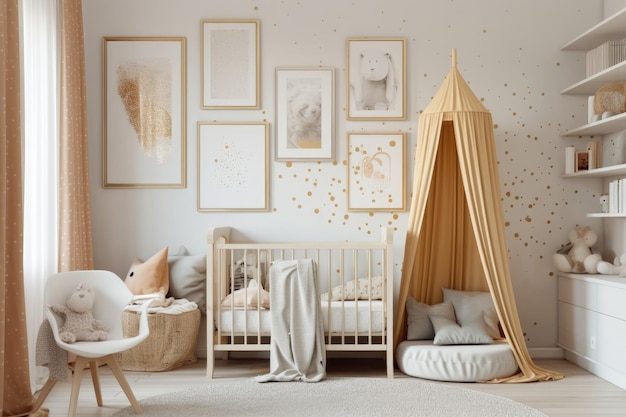 写真 金色のドットのポスターとベビーベッドが特徴の赤ちゃん部屋