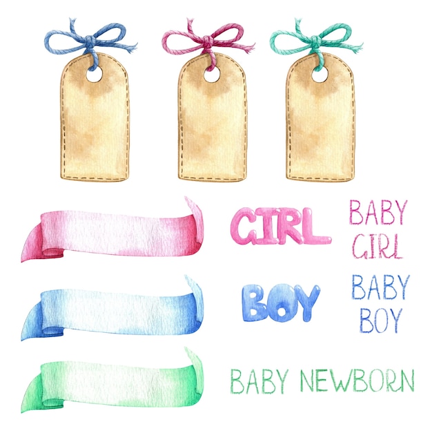 Photo baby nursery template ribbon title label blank watercolor set