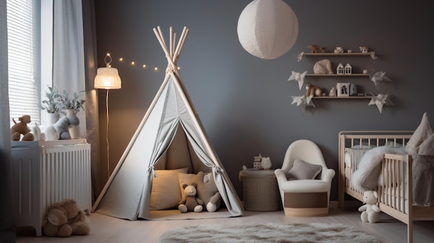 Baby nursery with cradle and play tent