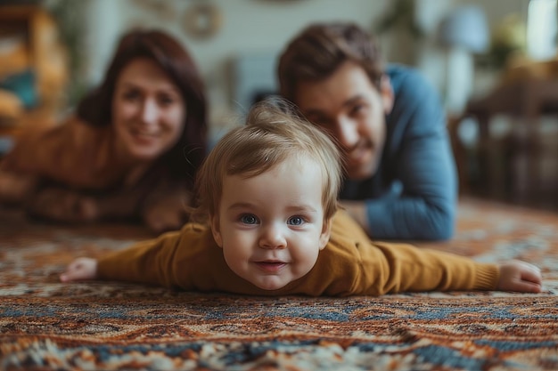 Foto baby op de vloer met ouders