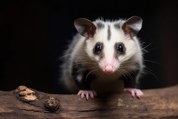 A baby opossum sits on a branch in a dark room.