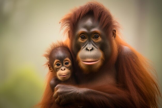 a baby oranguel holding a large adult oranguel