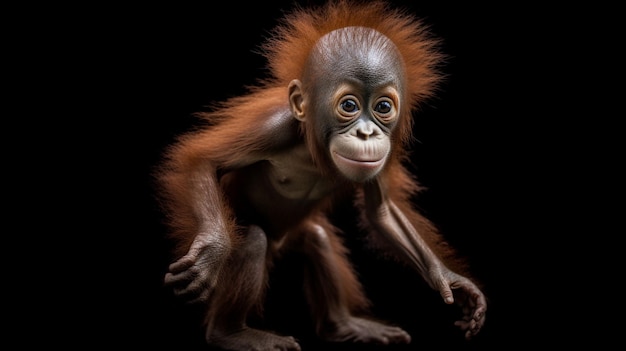 A baby orangutan with a black background