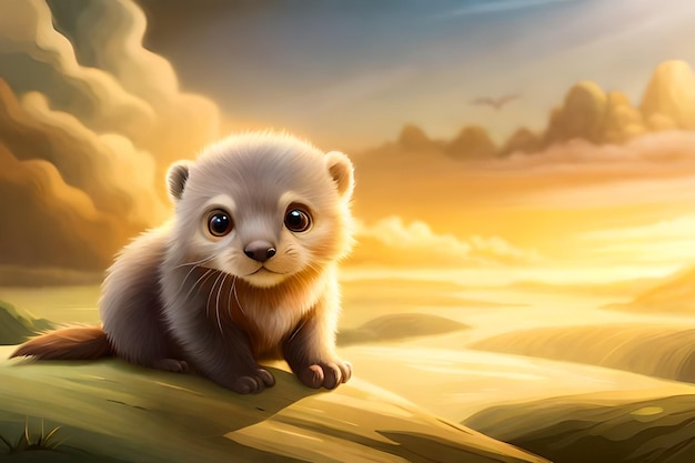 A baby otter is sitting on a hill in the desert.