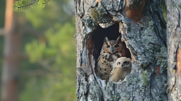 Photo a baby owl is in a tree with a baby owl