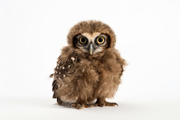 A baby owl sits on a white background.