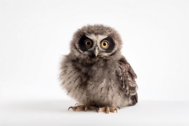 A baby owl sits on a white background.