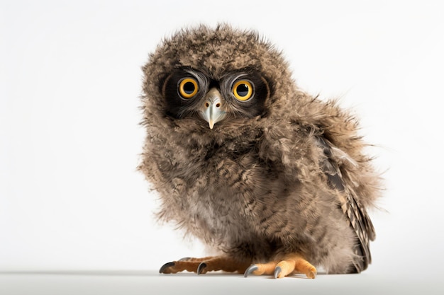 A baby owl sits on a white background.