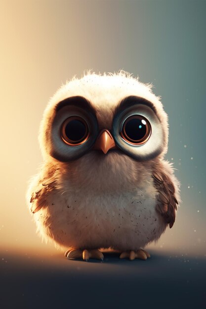 A baby owl with big eyes sits on a table.