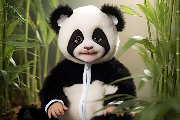 Foto bambino in costume di panda con il bambù sullo sfondo