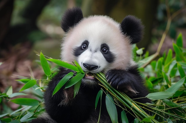 熊猫の赤ちゃんが森で竹を食べている 国立熊猫の日
