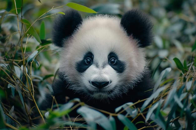 熊猫の赤ちゃんが森で竹を食べている 国立熊猫の日
